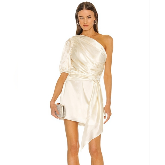 Amanda Uprichard Bexley Silk Tie Waist One Shoulder Mini Dress In Ivory Size LG - Picture 1 of 16